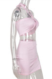 Pink Fashion Sexy Solid Bandage Backless Strapless Sleeveless Two Pieces