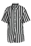 Pink Casual Striped Print Patchwork Buckle Half Sleeve Two Pieces
