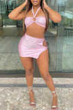 Pink Fashion Sexy Solid Bandage Backless Strapless Sleeveless Two Pieces