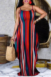 Red Sexy Casual Striped Print Backless Spaghetti Strap Long Dress