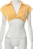 Yellow Fashion Casual Solid Basic V Neck Tops