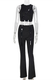 Black Fashion Sexy Solid Hollowed Out O Neck Sleeveless Two Pieces