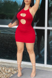 Red Sexy Solid Hollowed Out Halter One Step Skirt Dresses