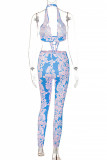 Blue Fashion Sexy Print Backless Halter Skinny Jumpsuits