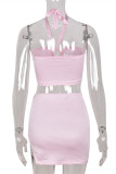 Pink Fashion Sexy Solid Bandage Backless Strapless Sleeveless Two Pieces