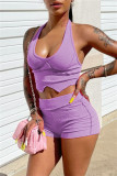 Pink Sexy Casual Solid Split Joint Backless Halter Sleeveless Two Pieces