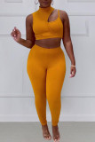 Orange Fashion Sexy Solid Hollowed Out Patchwork Turtleneck Sleeveless Two Pieces