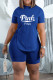 Blue Casual Print Patchwork Frenulum Slit O Neck Short Sleeve Two Pieces
