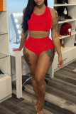 Red Fashion Casual Living Solid Basic O Neck Sleeveless Two Pieces