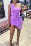 Purple Sexy Solid Patchwork Fold Asymmetrical Oblique Collar One Step Skirt Dresses