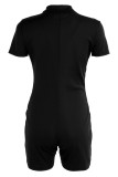 Black Casual Sportswear Solid Patchwork Zipper Zipper Collar Regular Rompers