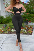 Black Sexy Casual Solid Hollowed Out Backless Spaghetti Strap Skinny Jumpsuits