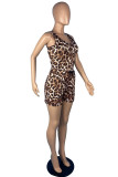 Rose Red Fashion Casual Print Leopard Basic O Neck Sleeveless Two Pieces