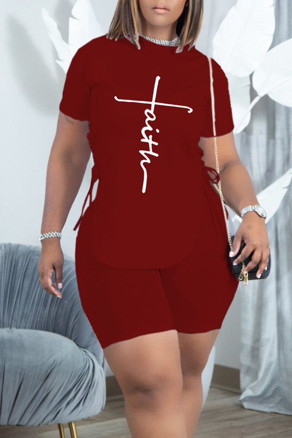 Burgundy Casual Print Patchwork Frenulum O Neck Short Sleeve Two Pieces