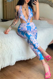 Blue Fashion Sexy Print Backless Halter Skinny Jumpsuits