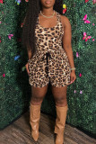 Rose Red Fashion Casual Print Leopard Basic O Neck Sleeveless Two Pieces