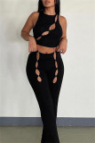 Black Fashion Sexy Solid Hollowed Out O Neck Sleeveless Two Pieces