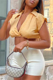Yellow Fashion Casual Solid Basic V Neck Tops