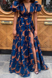Tibetan Blue Elegant Print Patchwork Slit V Neck Straight Dresses