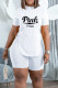 White Casual Print Patchwork Frenulum Slit O Neck Short Sleeve Two Pieces