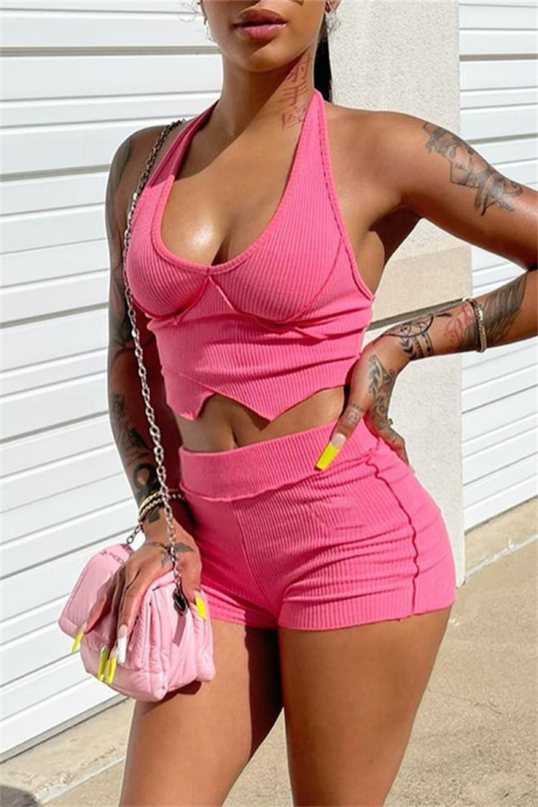 Pink Sexy Casual Solid Split Joint Backless Halter Sleeveless Two Pieces