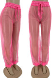 Pink Sexy Solid Split Joint See-through Straight High Waist Pencil Solid Color Bottoms