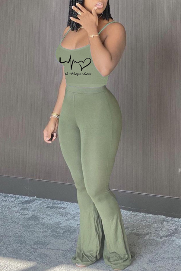Ink Green Sexy Casual Print Backless Spaghetti Strap Sleeveless Two Pieces