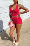 Red Sexy Casual Solid Split Joint Backless Halter Sleeveless Two Pieces