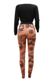 Black Fashion Casual Print Basic O Neck Short Sleeve Two Pieces
