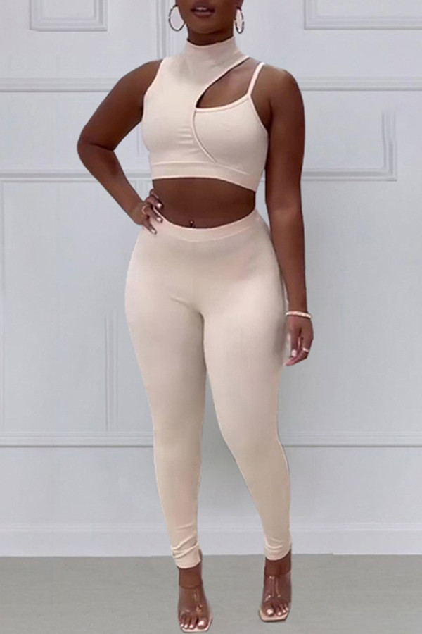 Cream White Fashion Sexy Solid Hollowed Out Patchwork Turtleneck Sleeveless Two Pieces