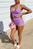 Purple Sexy Casual Solid Split Joint Backless Halter Sleeveless Two Pieces