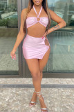 Pink Fashion Sexy Solid Bandage Backless Strapless Sleeveless Two Pieces