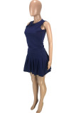 Deep Blue Fashion Casual Solid Split Joint O Neck Sleeveless Two Pieces
