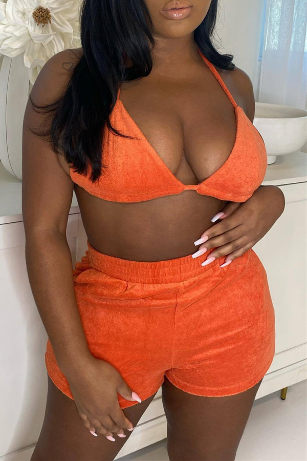 Orange Sexy Casual Solid Bandage Backless Halter Sleeveless Two Pieces