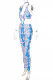 Blue Fashion Sexy Print Backless Halter Skinny Jumpsuits