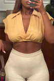 Yellow Fashion Casual Solid Basic V Neck Tops