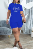 Blue Casual Solid Patchwork Frenulum Hot Drill O Neck Short Sleeve Two Pieces
