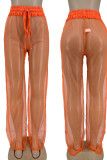 Tangerine Red Sexy Solid Split Joint See-through Straight High Waist Wide Leg Solid Color Bottoms