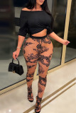 Black Fashion Casual Print Basic O Neck Short Sleeve Two Pieces