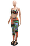 Multicolor Fashion Sexy Print Hollowed Out Patchwork Backless Spaghetti Strap Sleeveless Two Pieces