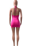 Red Sexy Solid Hollowed Out Halter One Step Skirt Dresses