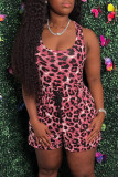 Rose Red Fashion Casual Print Leopard Basic O Neck Sleeveless Two Pieces