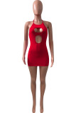 Red Sexy Solid Hollowed Out Halter One Step Skirt Dresses