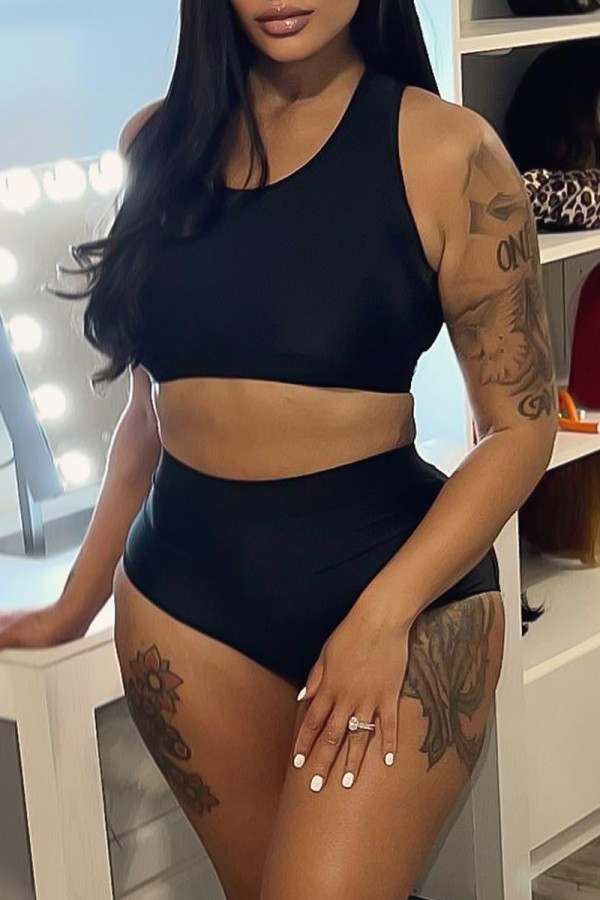Black Fashion Casual Living Solid Basic O Neck Sleeveless Two Pieces