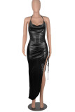 Black Elegant Solid Patchwork Asymmetrical Halter Dresses