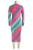 Rose Red Fashion Sexy Striped Print See-through O Neck Long Sleeve Dresses