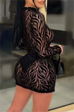 Black Fashion Sexy Patchwork See-through O Neck Long Sleeve Dresses