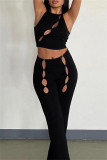 Black Fashion Sexy Solid Hollowed Out O Neck Sleeveless Two Pieces