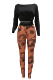 Black Fashion Casual Print Basic O Neck Short Sleeve Two Pieces