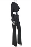 Black Fashion Sexy Solid Hollowed Out O Neck Long Sleeves Two Pieces